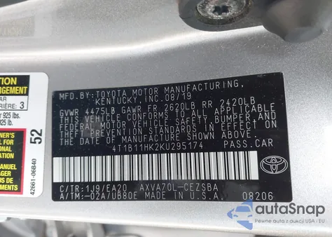 2019 Toyota Camry Se from USA, damaged, VIN 4T1B11HK2KU295174